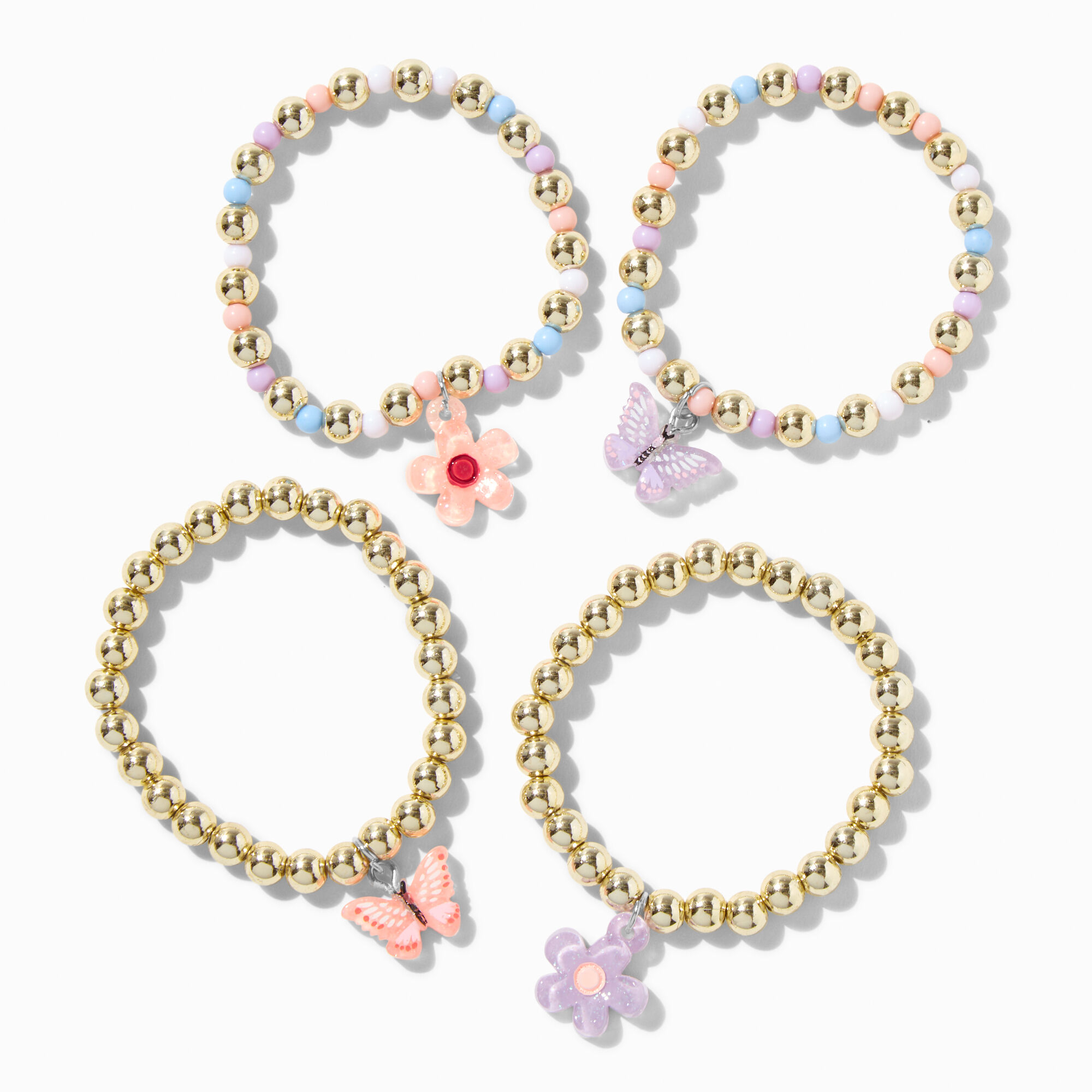 Claire s Club Flower Butterfly Gold tone Stretch Charm Bracelets 4 Pack Claire s US