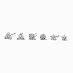 Silver-tone Cubic Zirconia 5mm Heart, Round, &amp; Star Stud Earrings - 3 Pack,