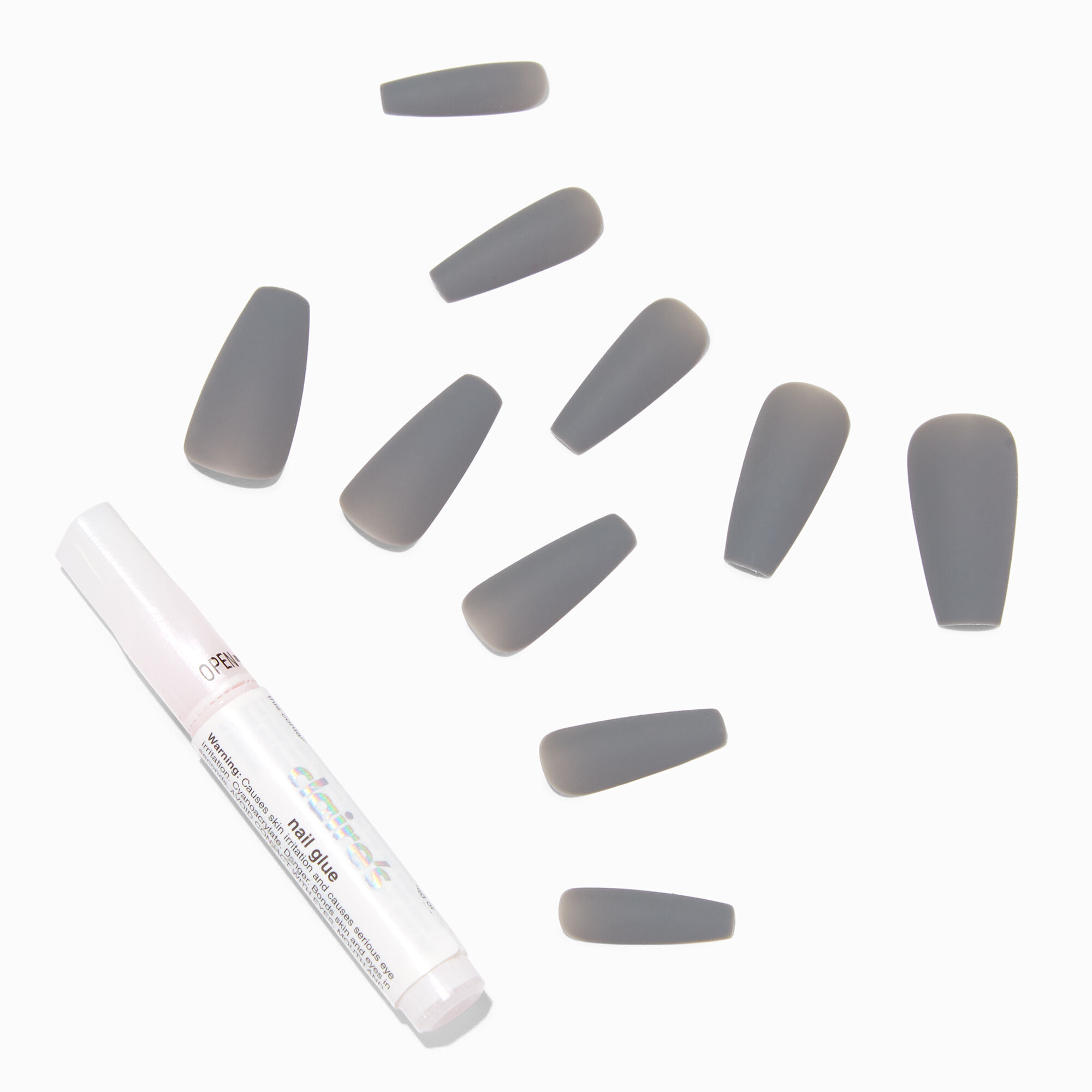 View Claires Matte Squareletto Vegan Faux Nail Set 24 Pack Grey information