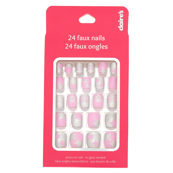 Star Glitter Square Press On Faux Nail Set - Pink, 24 Pack,