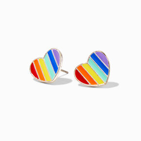 Silver Rainbow Striped Heart Stud Earrings,