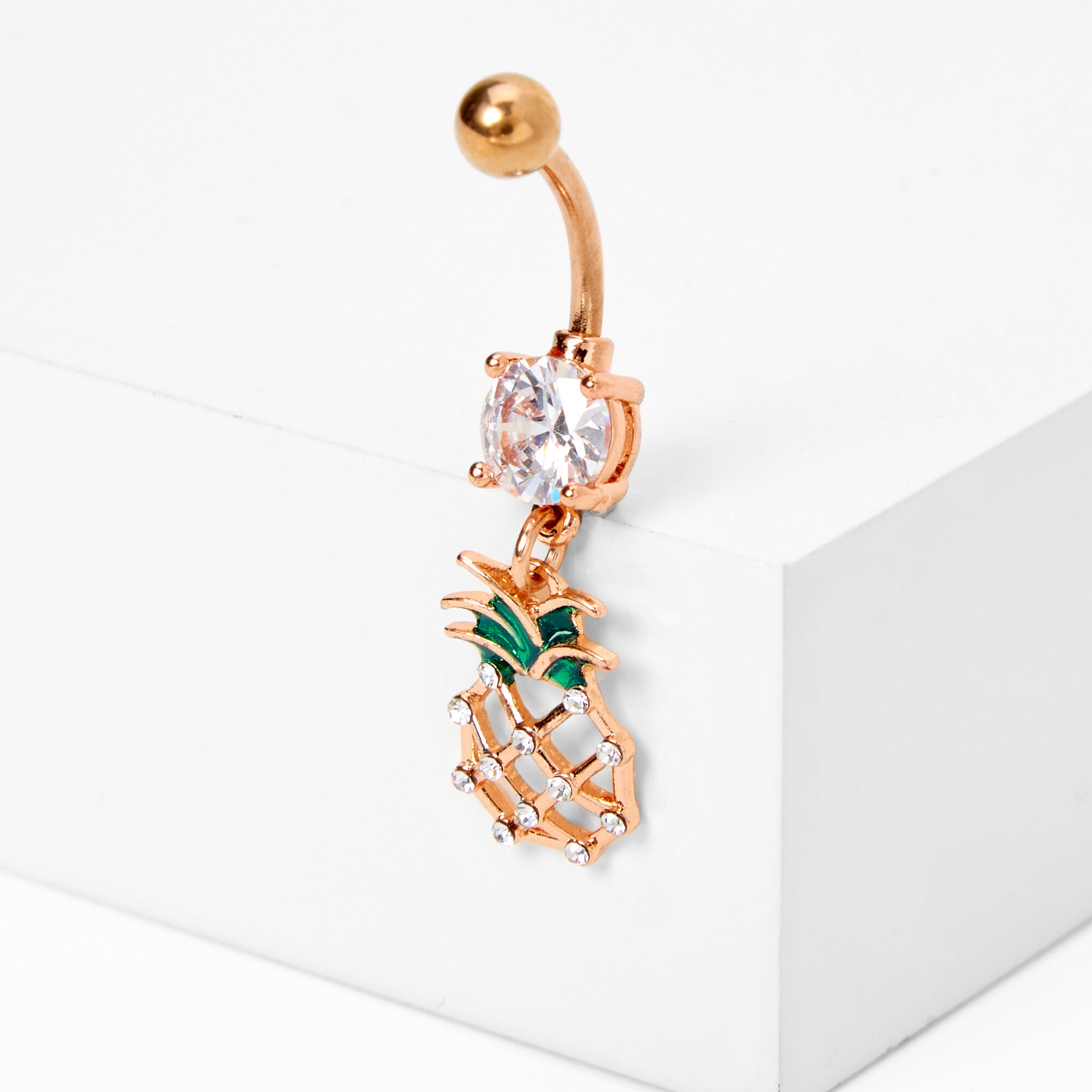 Rose Gold Embellished Pineapple 14G Dangle Belly Ring,