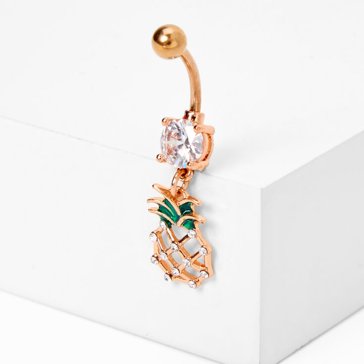 Rose Gold Embellished Pineapple 14G Dangle Belly Ring,
