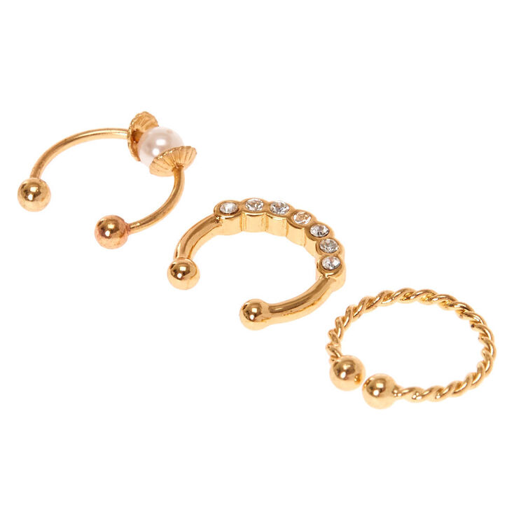 Gold-tone Stainless Steel Braided Crystal Faux Cartilage Earrings - 3 Pack,