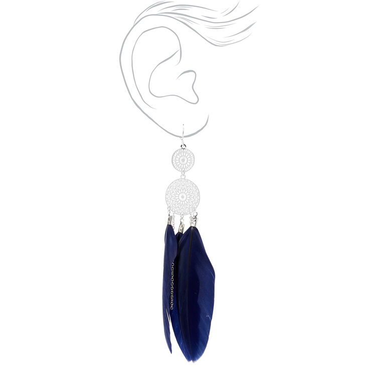Silver 4&quot; Medallion Filigree Feather Drop Earrings - Navy,