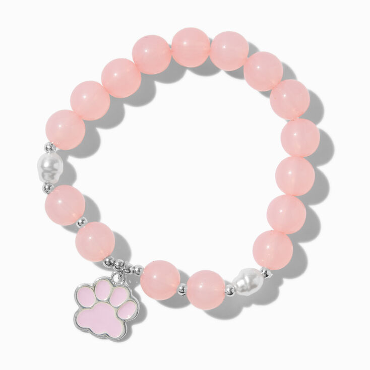 Bracelet &eacute;lastique perl&eacute; breloque patte de chien rose,