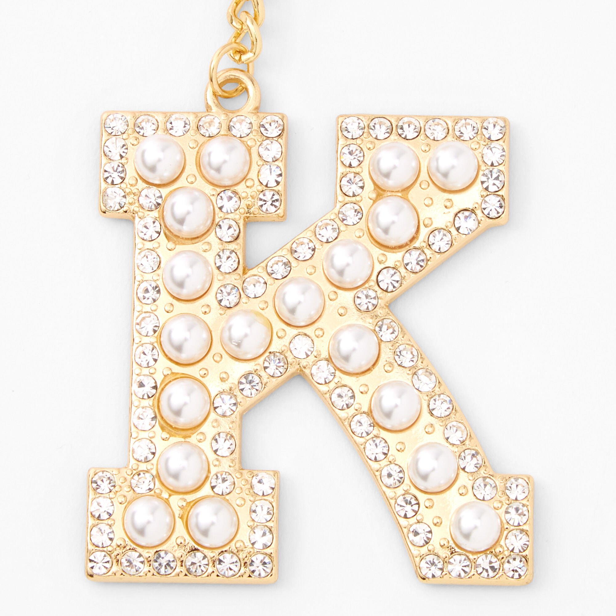 Gold Bling Initial Pom Pom Keychain - Pink, K,