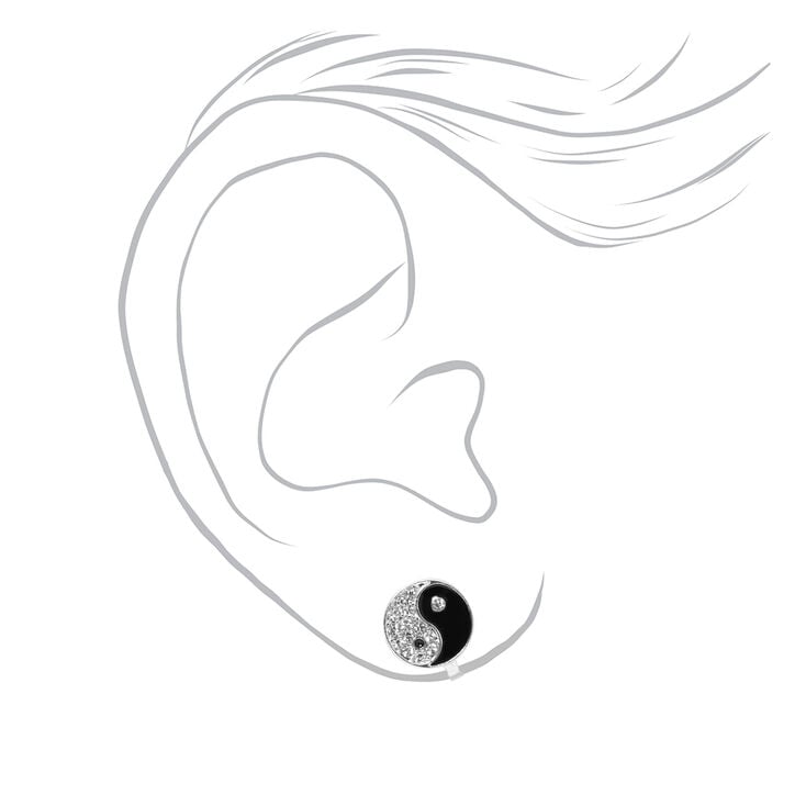 Silver Embellished Yin Yang Clip On Stud Earrings,