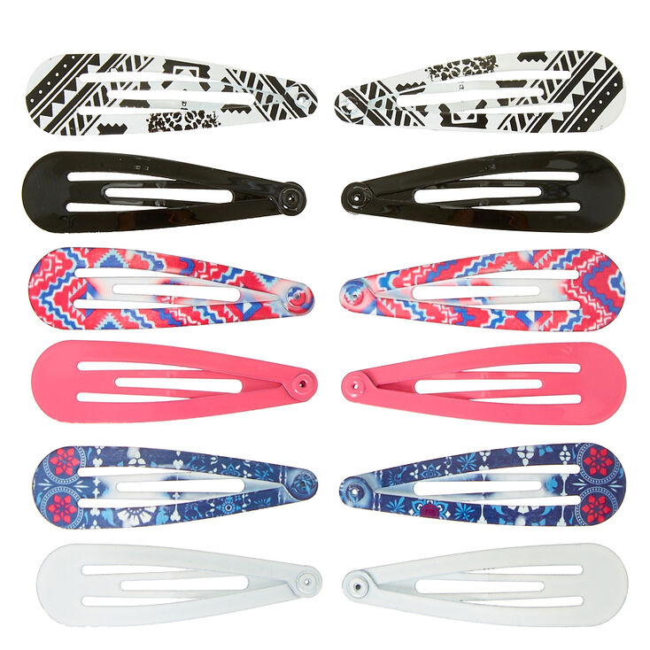 Bright Aztec Snap Hair Clips - Pink, 12 Pack,