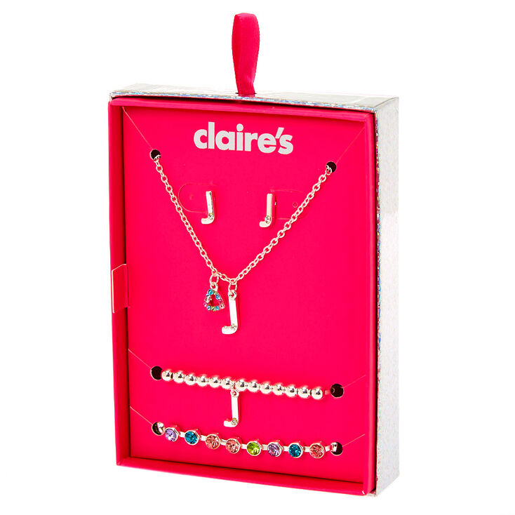 Claire's Coffret cadeau parure de bijoux à initiale arc-en-ciel couleur argenté - J, lot de 4