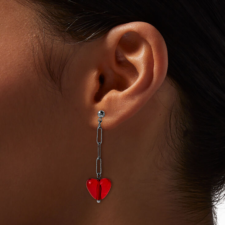 Red Puffy Heart Chain Drop Earrings,