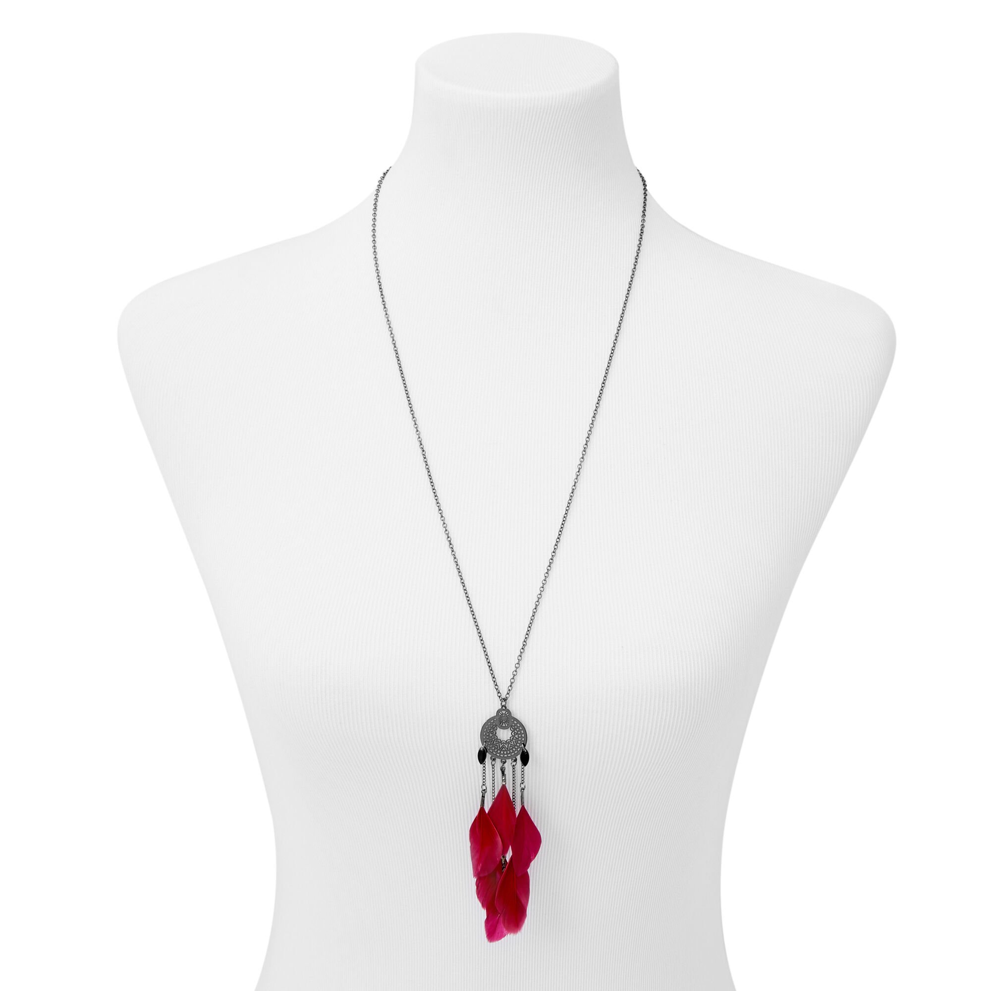 Hematite Medallion Feather Long Pendant Necklace - Red,