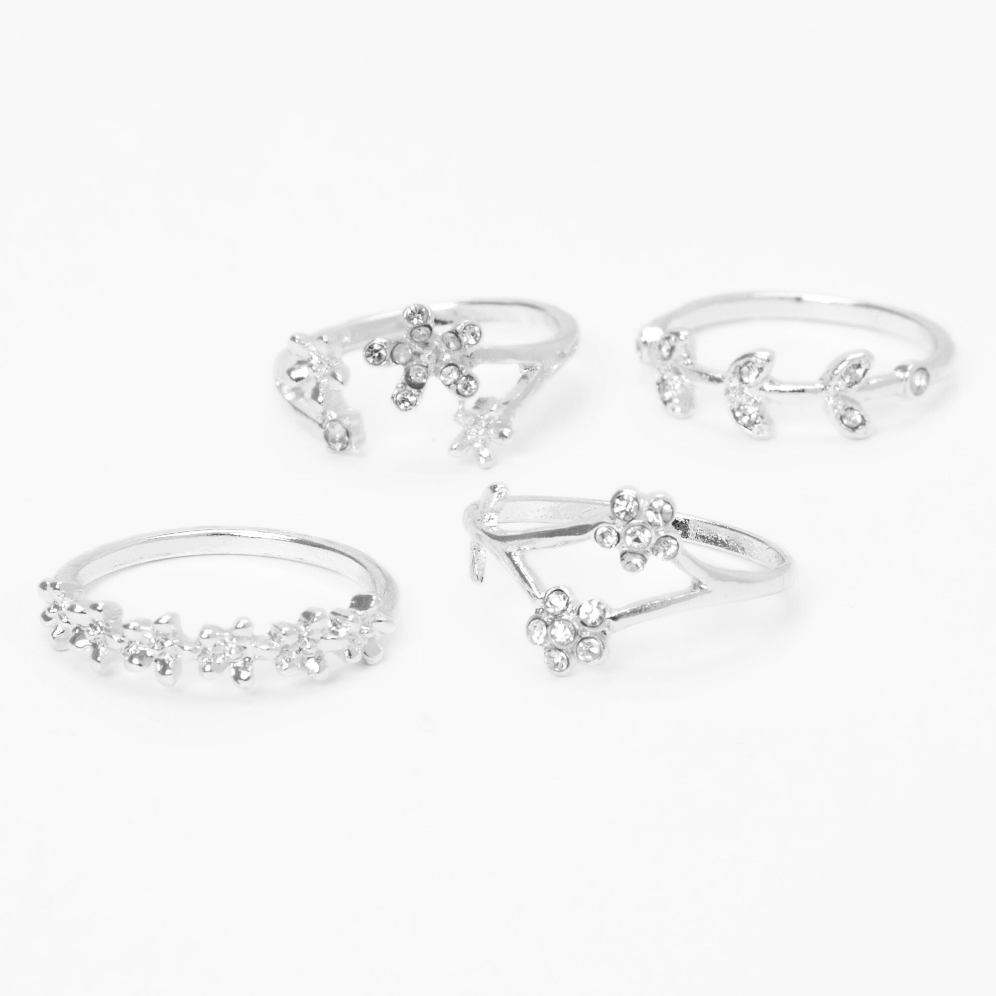 View Claires Embellished Flower Vine Rings 4 Pack Silver information