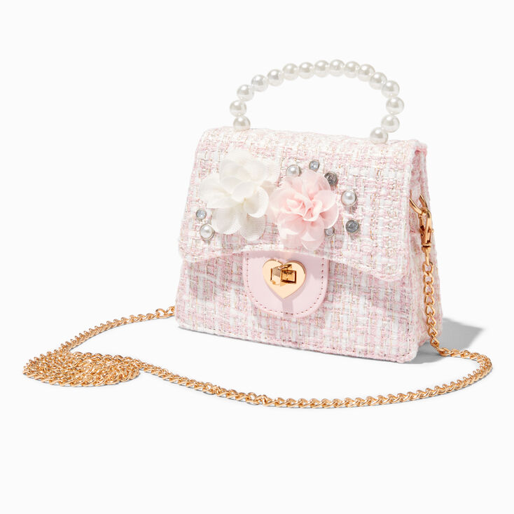 Claire&#39;s Club Pink Tweed Pearl Crossbody Bag,