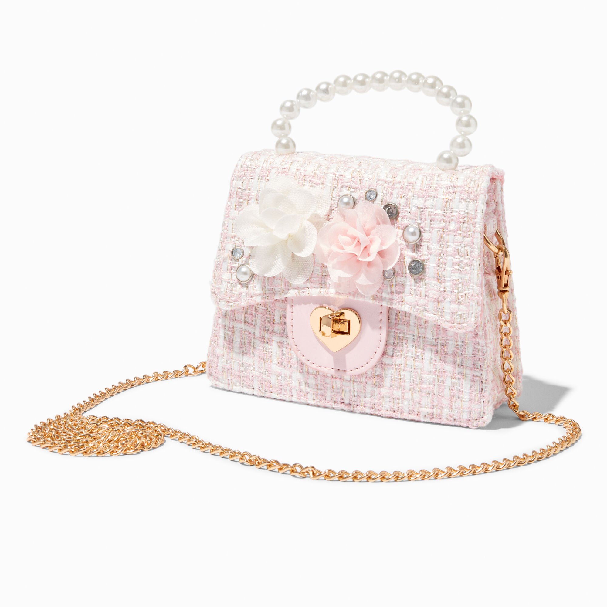 View Claires Club Tweed Pearl Crossbody Bag Pink information