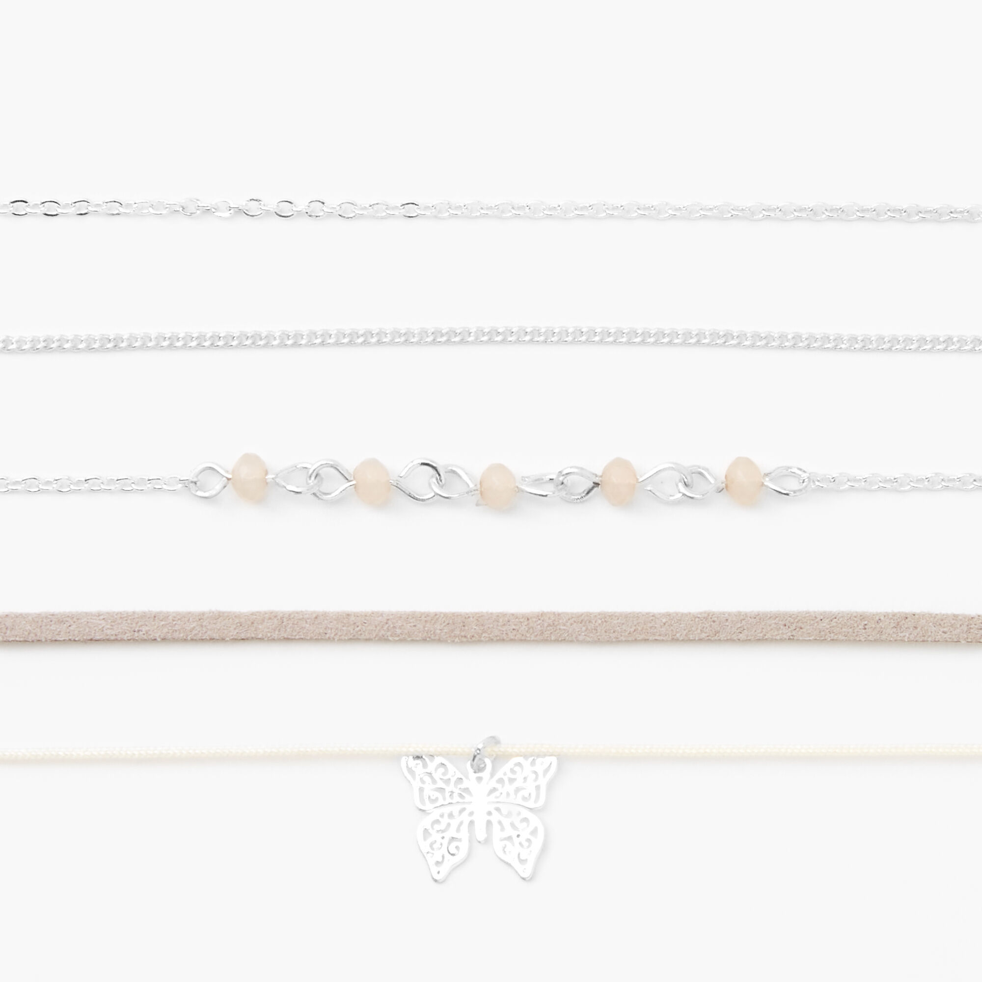 Silver Beaded Butterfly Choker Necklaces - Grey, 5 Pack,