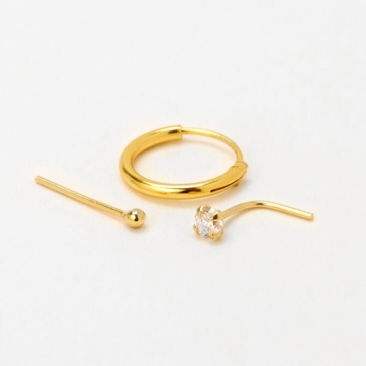 22G Gold-tone Sterling Silver Cubic Zirconia Stud &amp; Hoop Nose Rings - 3 Pack,