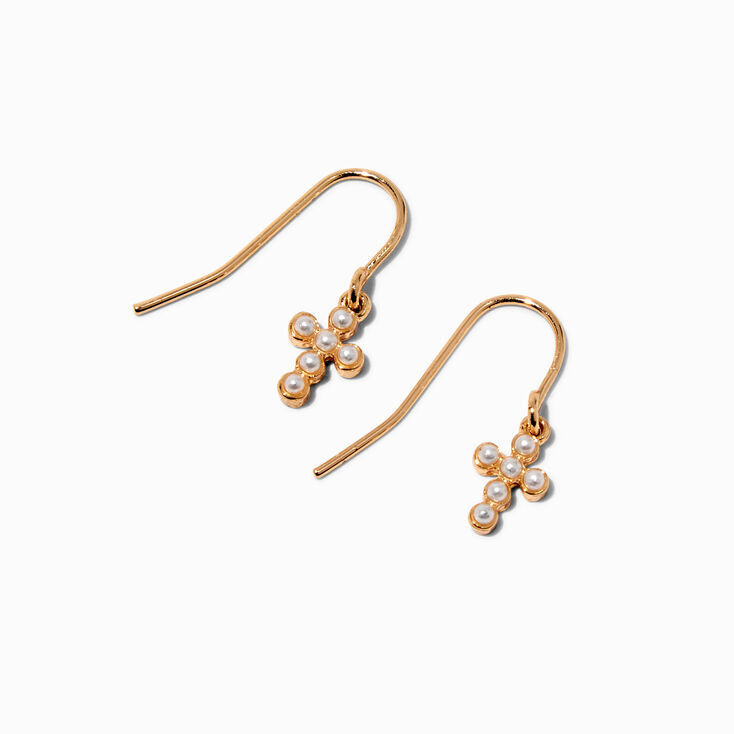 Pearl Cross Gold-tone Drop Earrings,