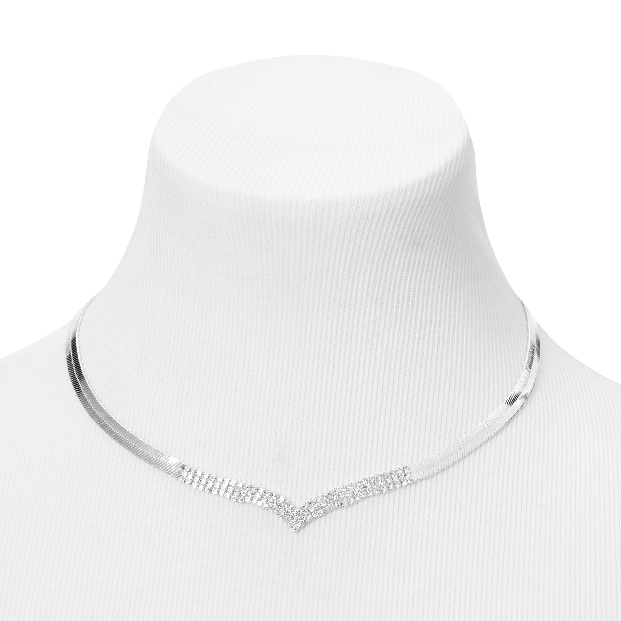 Silver Herringbone Chevron Rhinestone Choker Necklace,