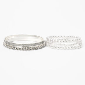 Claire&#39;s Club Silver, Pearl Bangle &amp; Stretch Bracelets - 5 Pack,