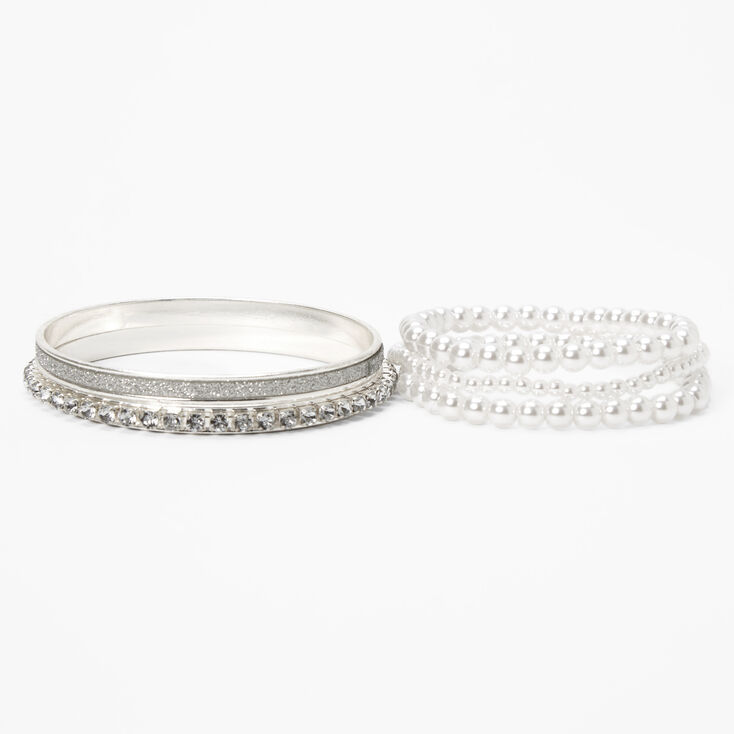 Claire&#39;s Club Silver, Pearl Bangle &amp; Stretch Bracelets - 5 Pack,