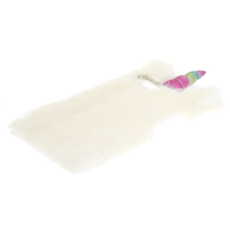 Coque de portable motif licorne en fausse fourrure blanche,