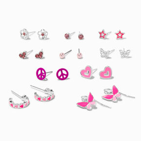 Hot Pink Motif Silver-tone Stud, Hoop &amp; Drop Earrings - 9 Pack,