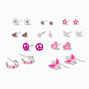 Pendantes, cr&eacute;oles et clous couleur argent&eacute;e motif rose vif - Lot de 9,