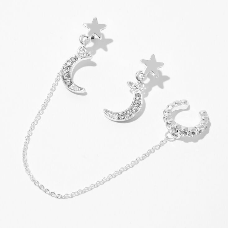 Pendantes &agrave; cha&icirc;ne et manchette d&rsquo;oreille lune et &eacute;toile couleur argent&eacute;e,