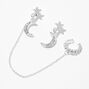 Silver-tone Moon &amp; Star Cuff Connector Drop Earrings,