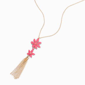 Pink Daisy Gold-tone Tassel Long Pendant Necklace,