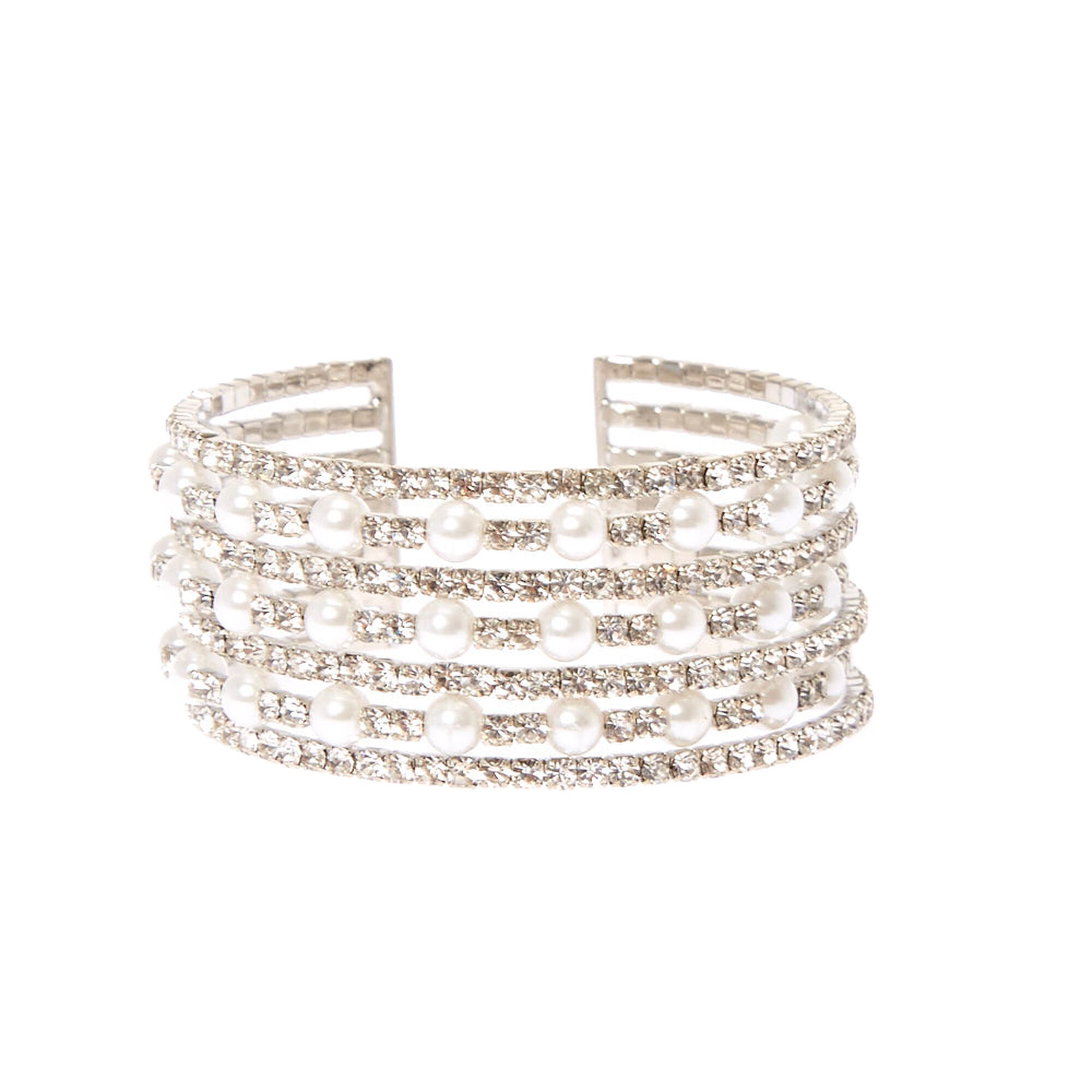 Multi Row Faux Pearl And Crystal Cuff Bracelet Claire S Us Multi Row Faux Pearl And Crystal Cuff Bracelet