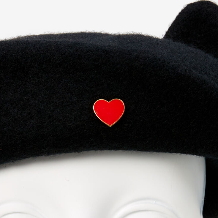 Black Cat Beret Hat with Heart Charm,