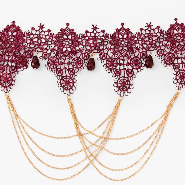 Burgundy Bead and Chains Lacy Choker Necklace,