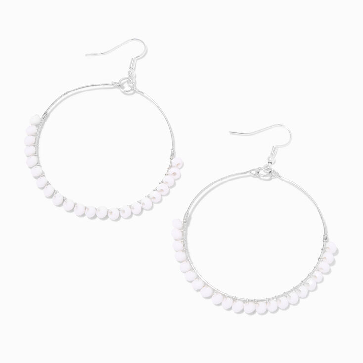 Silver 60MM White Beaded Hoop Drop Earrings,