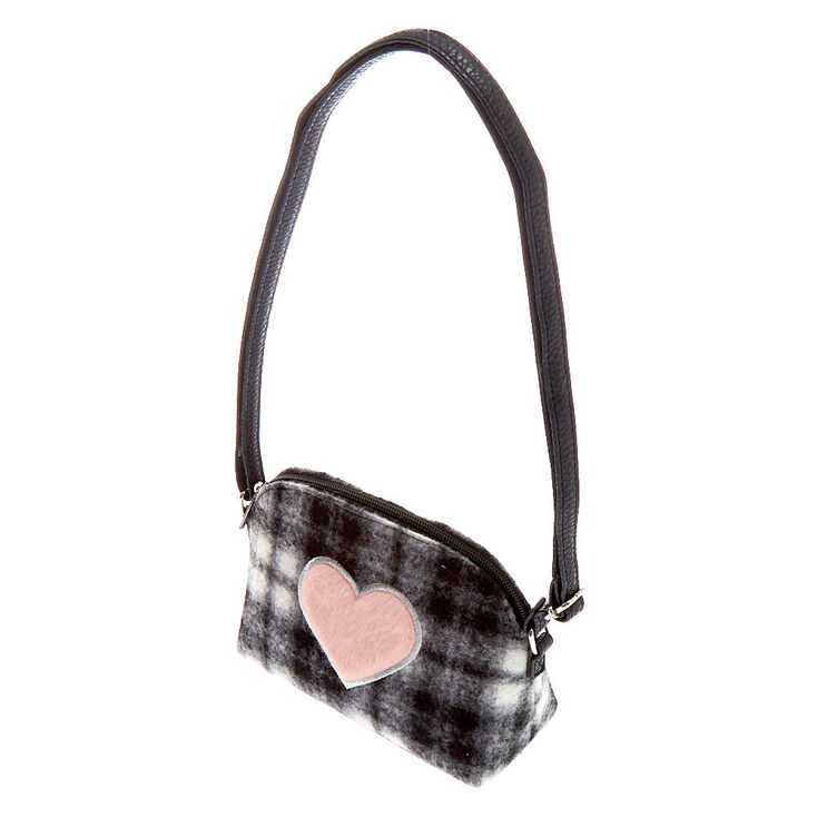 Fuzzy Flannel Heart Crossbody Bag - Black,