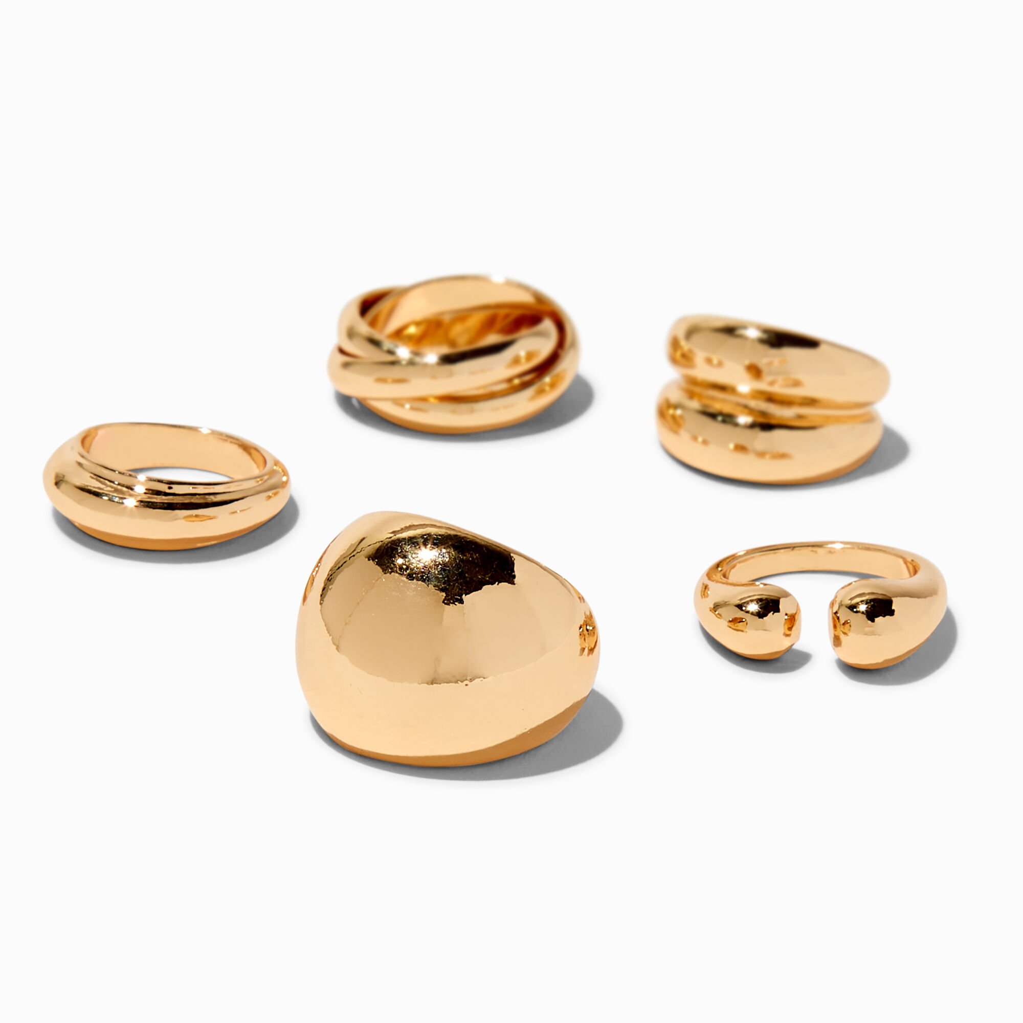 View Claires Tone Dome Statement Rings 5 Pack Gold information