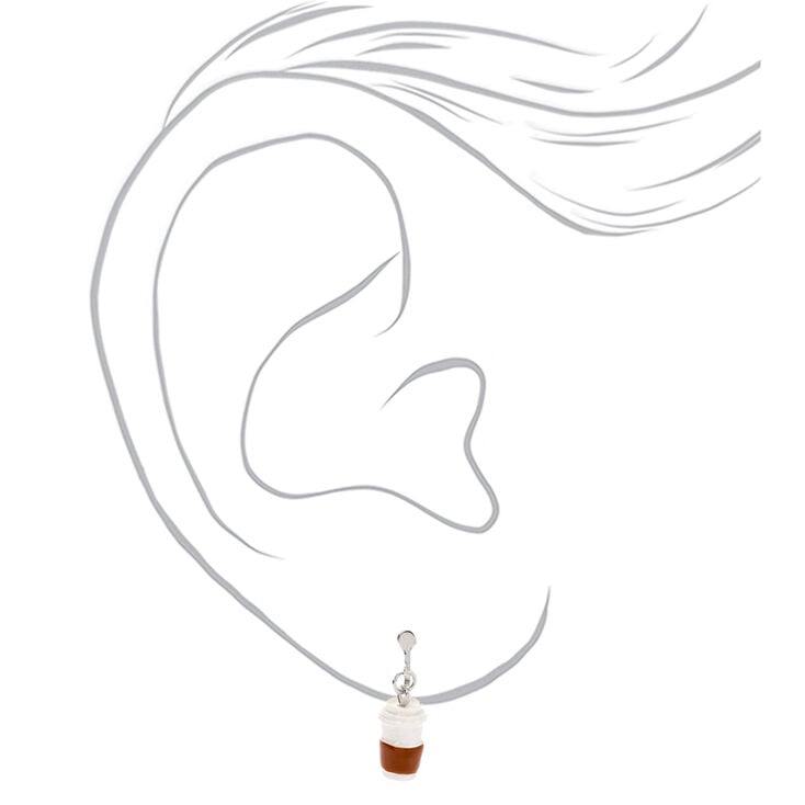Coffee Cup Clip On Drop Earrings - White,