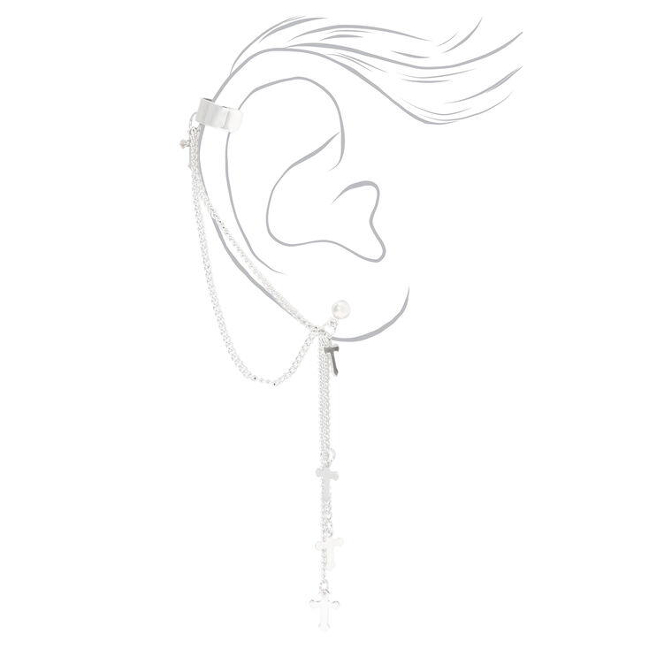 Silver Cross Linear Ear Cuff 3&quot; Drop Earrings,