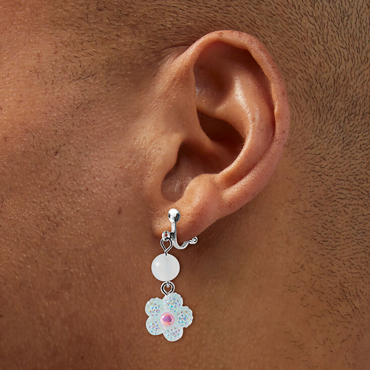 UV Color-Changing White Daisy Clip-On Drop Earrings,