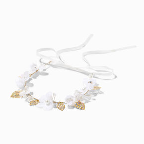 Embellished White Floral Ribbon Tie Headwrap,