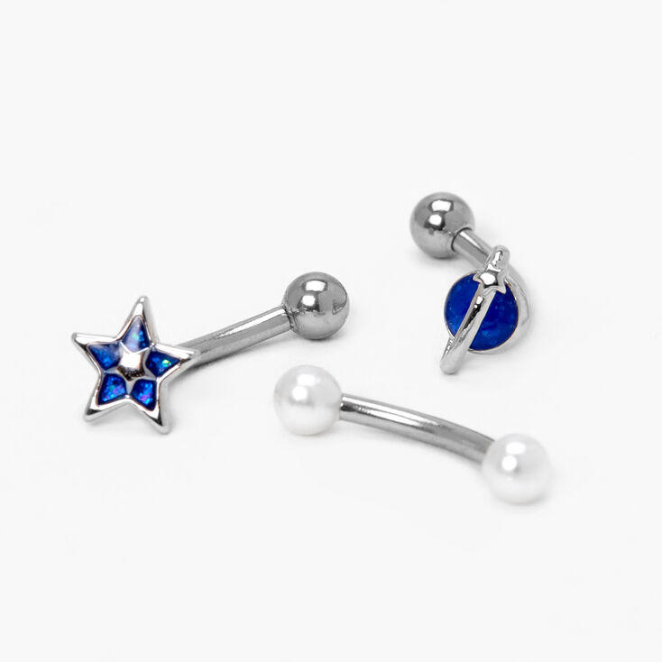 Boucles d&rsquo;oreilles rook avec perles d&rsquo;imitation et strass 1,2&nbsp;mm couleur argent&eacute;e - Bleu, lot de 3,