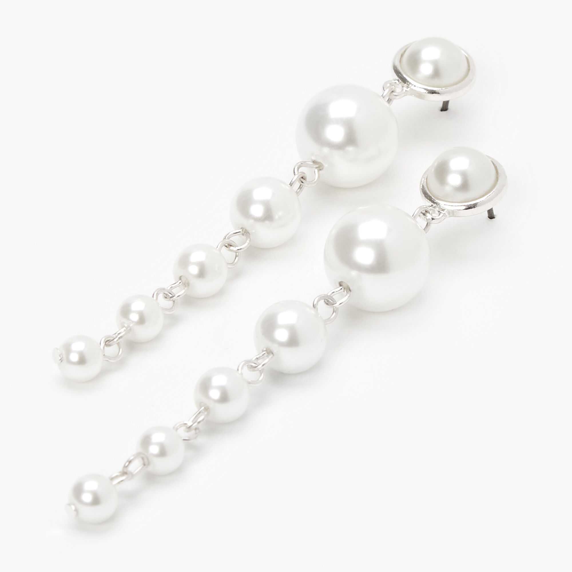 Silver 2.5 Graduated Pearl Linear Drop Earrings - White