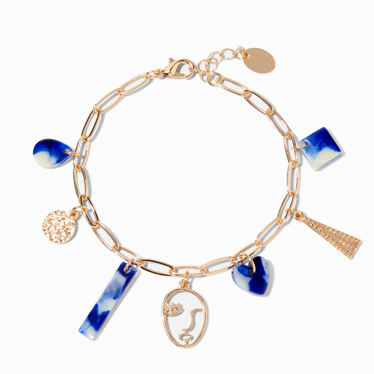 Blue Marble Gold Impressionist Face Charm Bracelet,