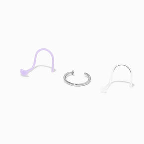 Stainless Steel &amp; BioFlex&reg; 20G Purple Heart Curved Nose Studs - 3 Pack,