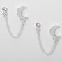 Silver Embellished Moon Connector Chain Stud Earrings,