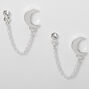 Silver Embellished Moon Connector Chain Stud Earrings,