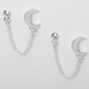 Silver Embellished Moon Connector Chain Stud Earrings,