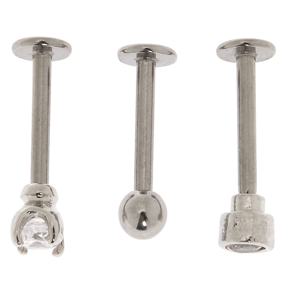 Silver Cubic Zirconia 16G Crystal Ball Labret Studs - 3 Pack,