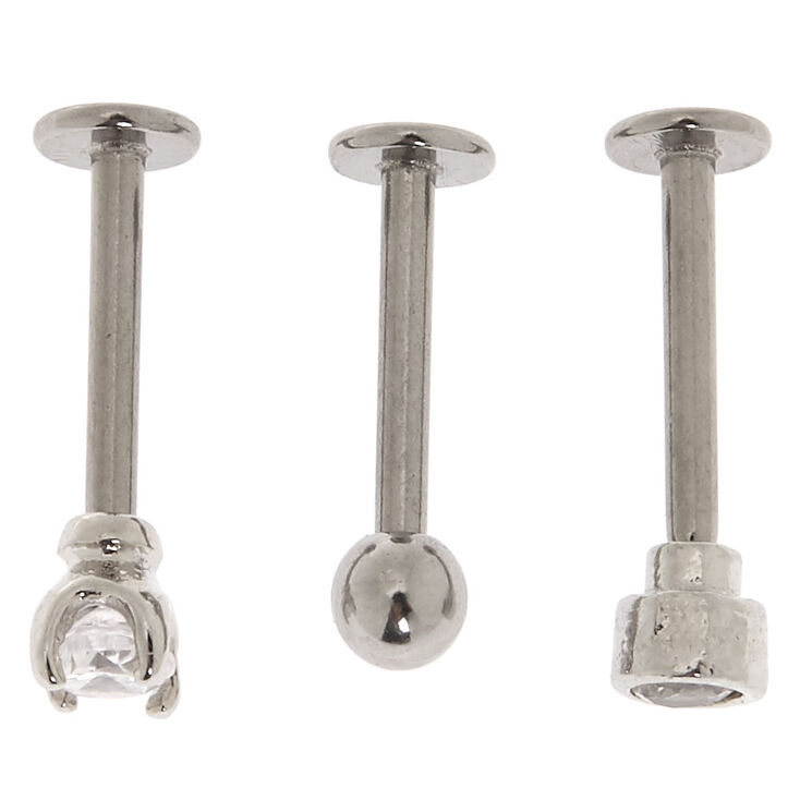 Silver Cubic Zirconia 16G Crystal Ball Labret Studs - 3 Pack,